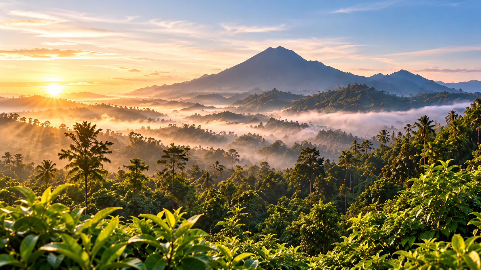 Lush Indonesian highlands at sunrise