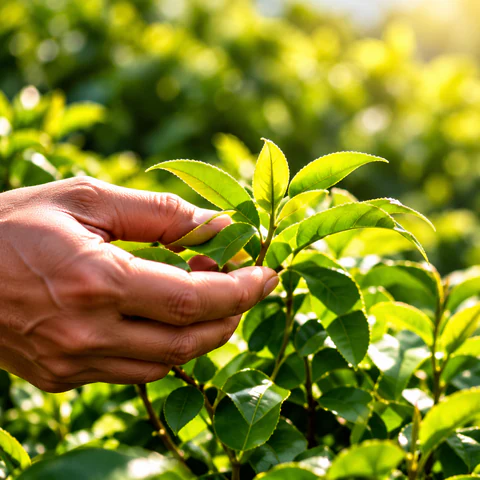 Farmer carefully selecting fresh leaves